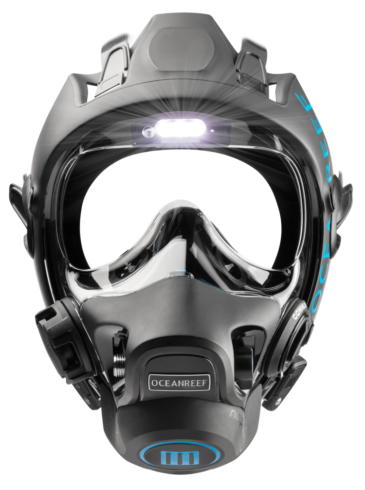 The Vesper Integrated Headlight shown in an Ocean Reef integrated diving mask (IDM)