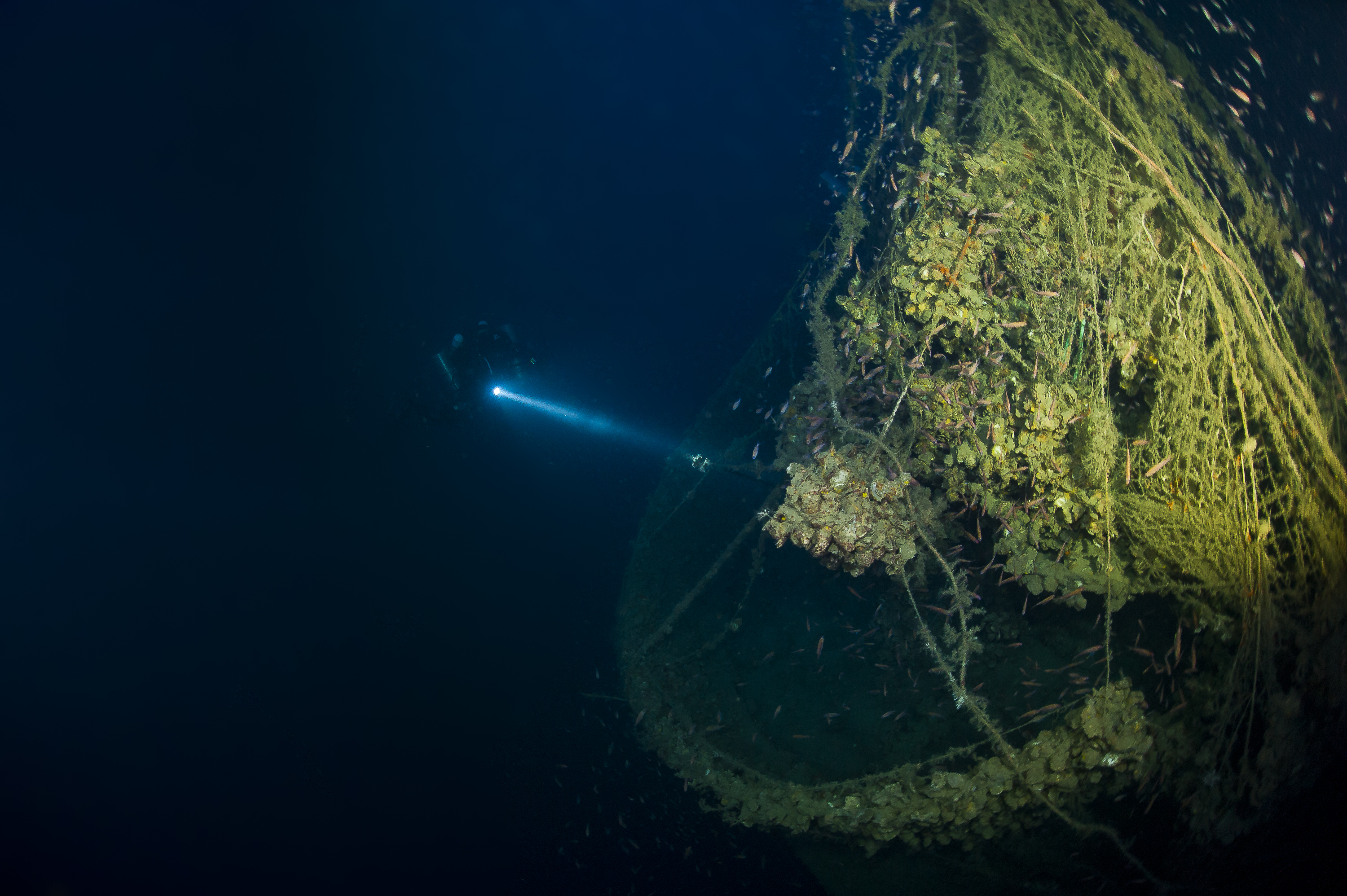 At 98m, on the wreck's stern, a Flak 38 anti-aircraft gun is hidden by fishing nets. Photo by Marco Mori.