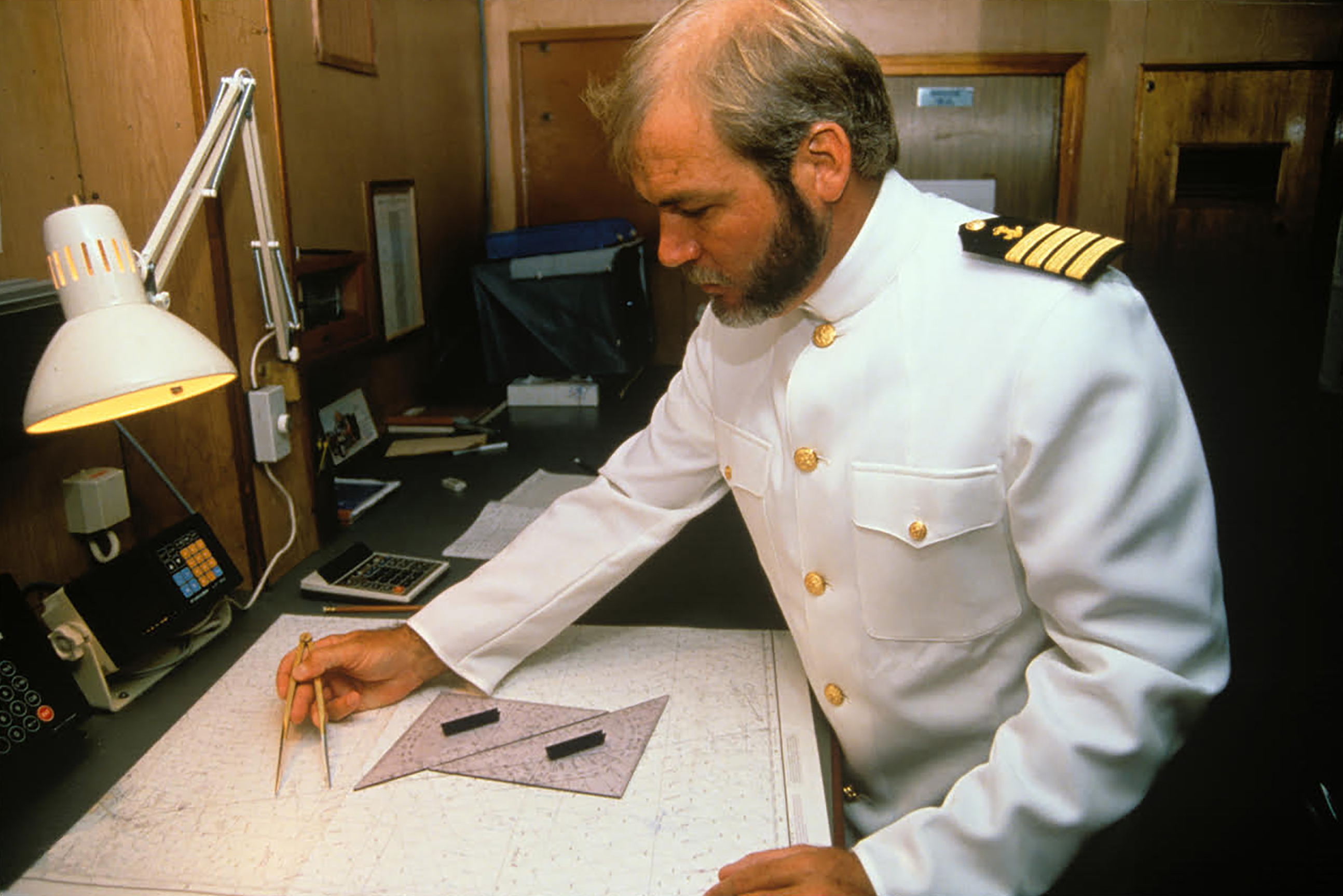 Capt Bret Gilliam aboard Ocean Quest flagship Ocean Spirit, 1989
