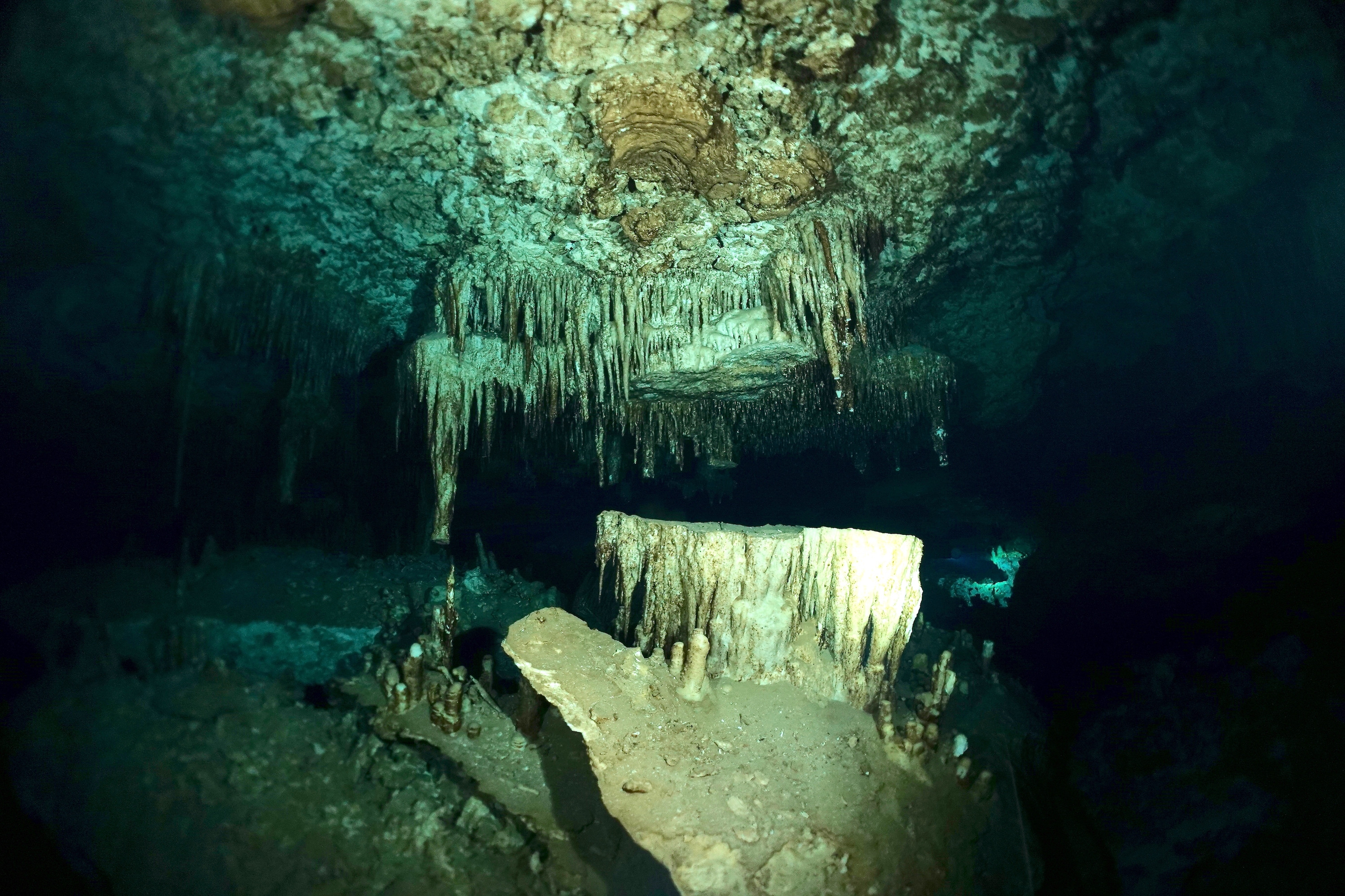 Collapse of a cluster of stalactites in Cenote Minotauro. Photo by Pierre Constant