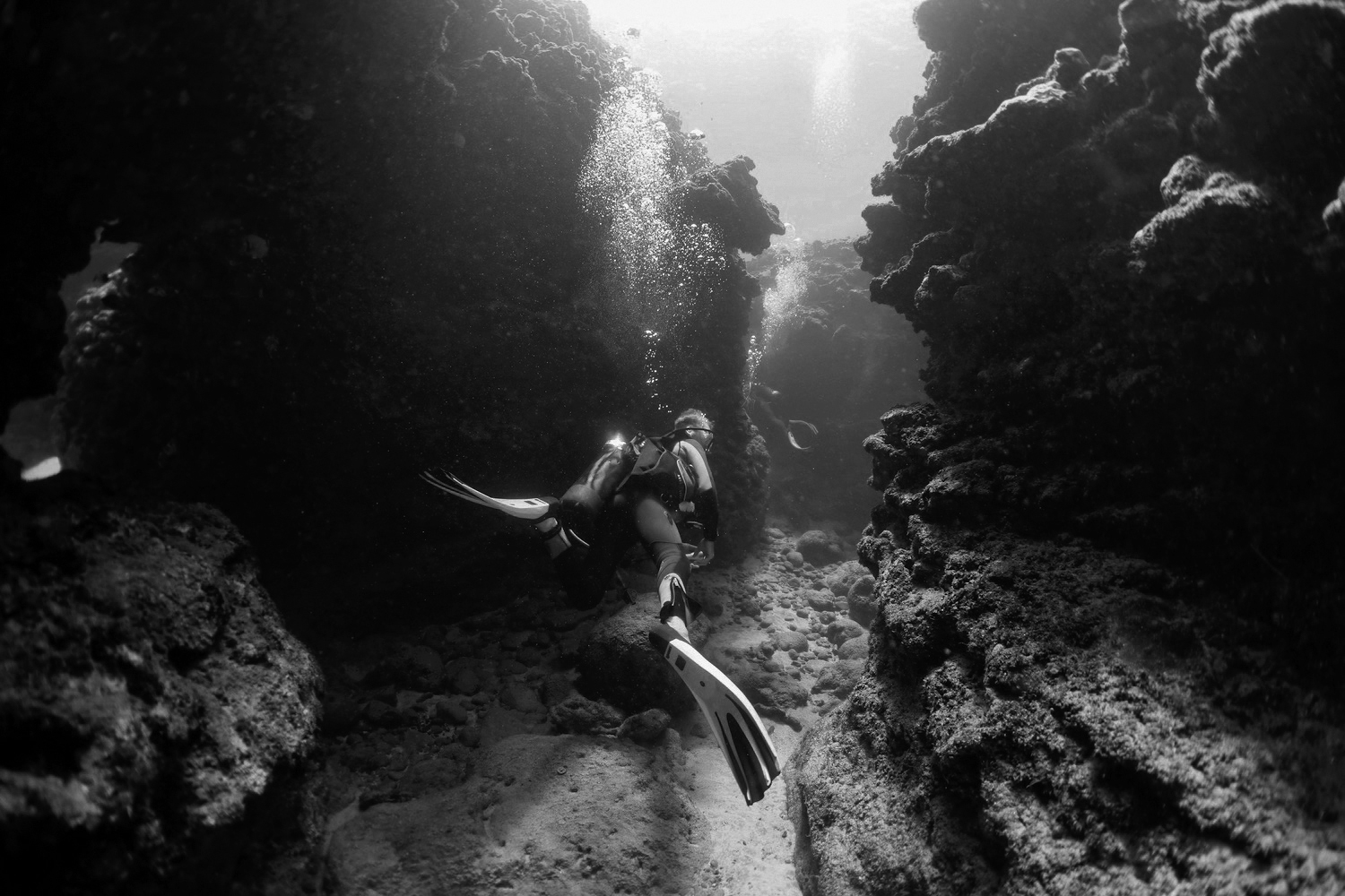 Diver in rocky maze at La Tour 