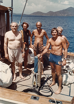 Petersen, Tyson, Albbright, Gilliam, Coston excavating Santa Monica wreck, St John, 1972, with proton magnetometer