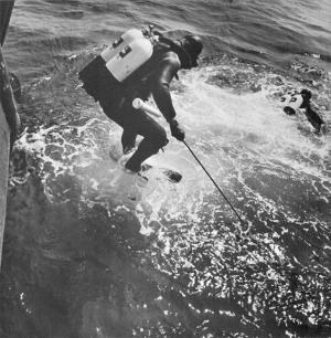 Carletti enters the water for a dive on the Andrea Doria wreck. Photo courtesy of Bruno Vailati