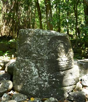 The tiki of Upeke, with giant banyan behind, Hiva Oa 