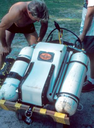 George Irvine with Halcyon rebreather. Photo courtesy of David Strike/HDS