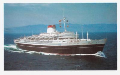 Postcard of Italian ocean liner SS Andrea Doria, which sank in 1956 (left)