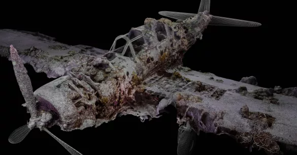 Photogrammetry image of the wreck of a Nakajima “Kate” B5N fighter-bomber in Kavieng. Image by Sean Twomey