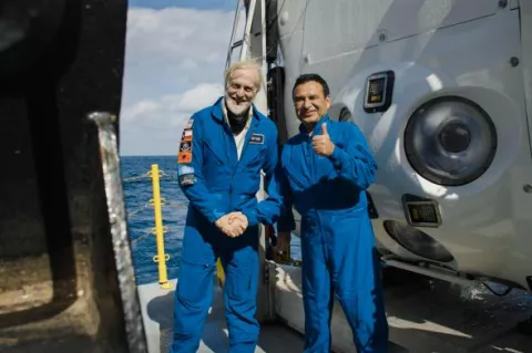 Explorer Victor Vescovo (left), Founder of Caladan Oceanic, along with Dr Osvaldo Ulloa, Director of the Instituto Milenio de Oceanografia (IMO), have completed the first-ever crewed dive to the deepest point of the Atacama Trench
