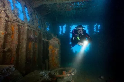 Diver in Constantis wreck, Cyprus