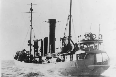 The V-1302 John Mahn started out as a German fishing trawler before being converted into a patrol boat during the war. It was sunk close to the Belgian coast in 1942 by the British Royal Air Force, as part of the Channel Dash operation.