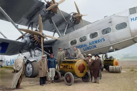 Aircraft of the Imperial Airways refuelling at Semakh, October, 1931.