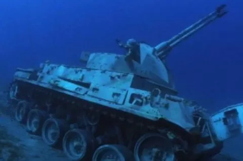 One of the submerged tanks in the underwater museum