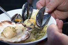 Pasta with fresh caught king scallops and mussels enjoyed for lunch after a dive. Photo by Susanne Paulsen.