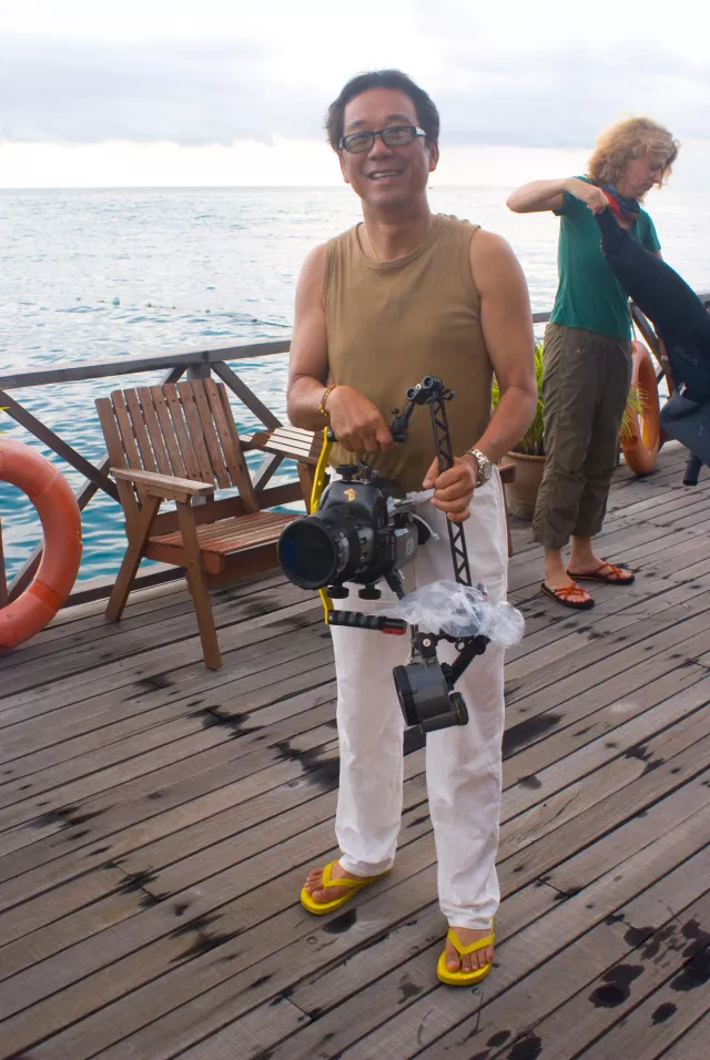 Clement Lee on the jetty of Borneo Divers' Mabul resort