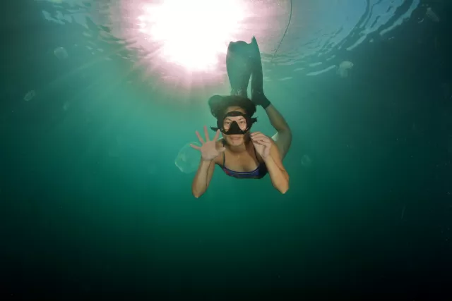 Freediver on Vandenberg wreck, Key West, Florida, USA