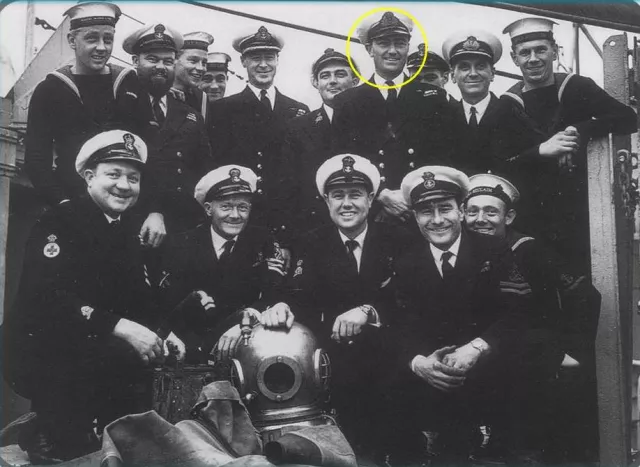 Historical photos taken in the 1950s show Royal Navy diver George Wookey, identified with yellow circle in a group photo 