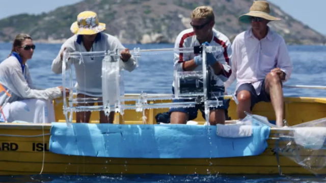 Claire Paris (second from left) and co-author Jean-Olivier Irisson (third from left), deploying the Drifting In Situ Chamber (DISC), equipped with an imaging system, during an expedition at the Australian Museum Lizard Island Research Station