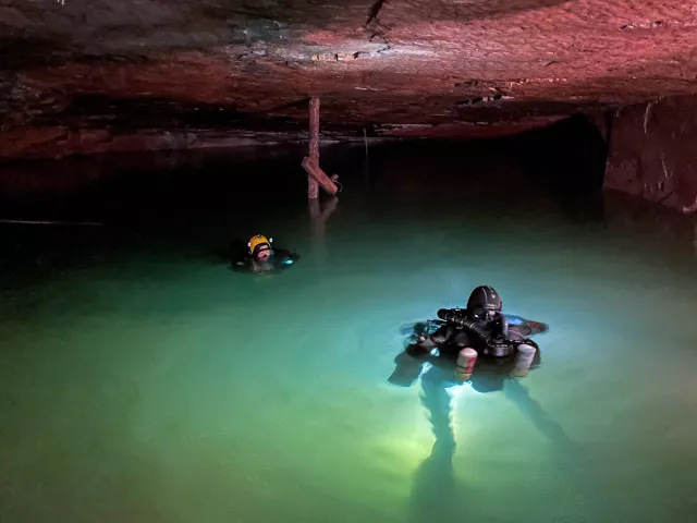 Technical divers enter the iron-ore mine at Bell Island. Photo by Brandi Mueller
