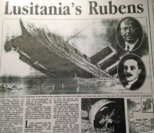 Historical photo of a newspaper article about the Rubens art lost in the sinking of Lusitania