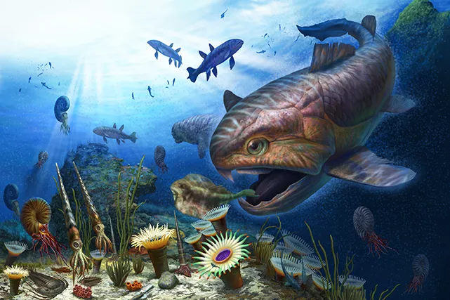 Devonian Marine Life, by Rudolf Farkas. Digital illustration, 210 x 297mm, 300dpi