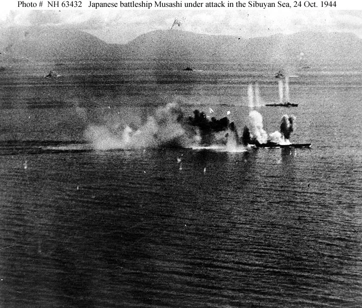 Japanese battleship Musashi under attack in the Sibuyan Sea, October 24th, 1944