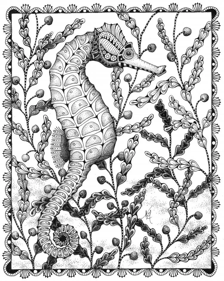 Sea Horse, by Kristin Moger. Micron ink on paper, 10 x 8 inches