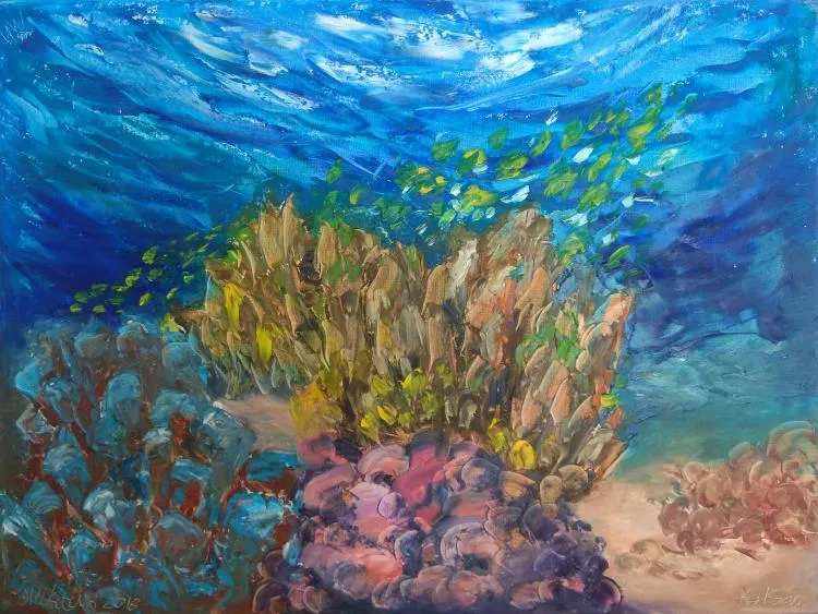 Abu Soma Garden, by Olga Nikitina, created underwater at 10m for 120 minutes. Oil on canvas, 60 x 80cm