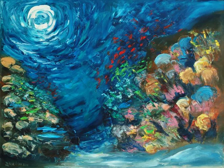 Happiness, by Olga Nikitina, created underwater at 10m for 120 min. Oil on canvas, 60 x 80cm