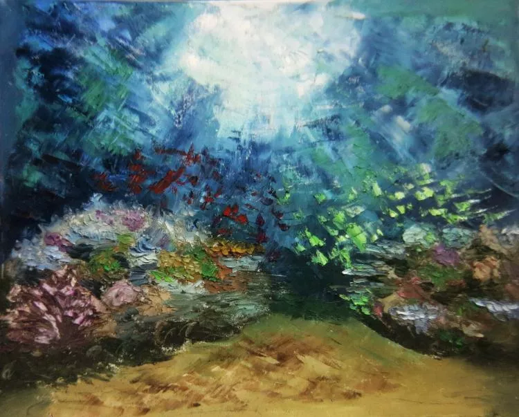 Sunny Day, by Olga Nikitina, created underwater at 8m for 120 minutes. Oil on canvas, 60 x 70cm