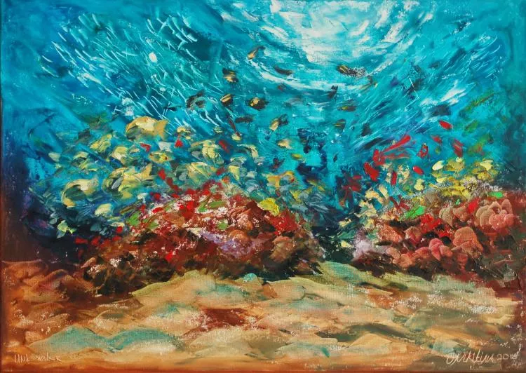 Underwater Firework, by Olga Nikitina, created underwater at 7.1m for 100 minutes. Oil on canvas, 50 x 70cm