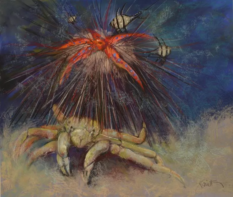 Collector Crab Wearing Urchin, 20x23 inches, by Judith Gebhard Smith 