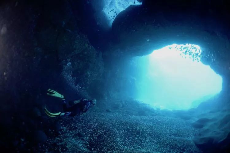 Diver in cave at Cape La Houssay. Photo by Pierre Constant