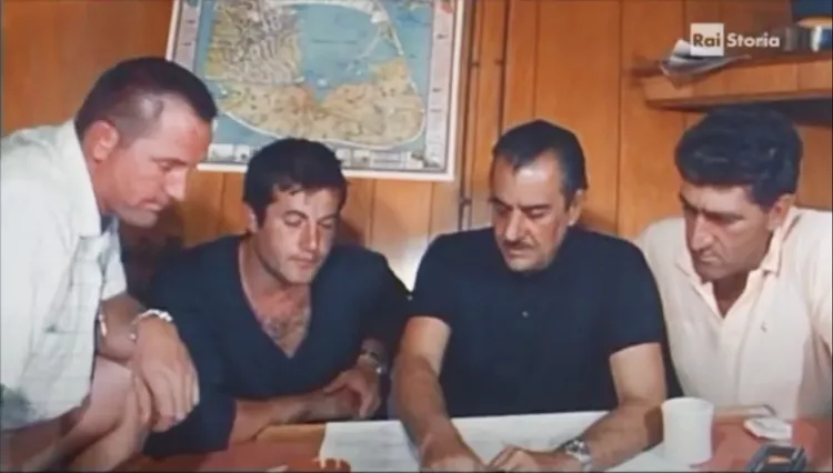 Al Giddings, Stefano Carletti, Bruno Vailati, Mimi Dies on board Narragansette side boat for Andrea Doria Expedition in 1968