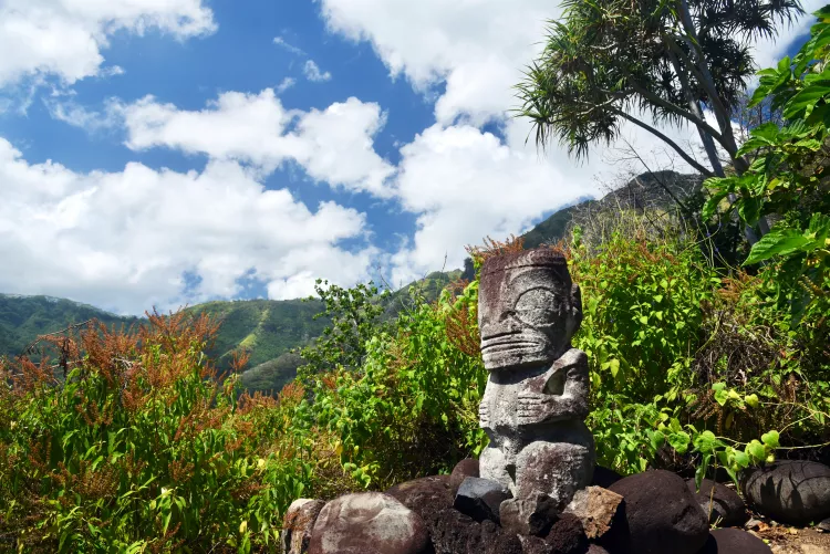 Crowned tiki of “Moeone” in Hanapaoa village on the northern coast of Hiva Oa