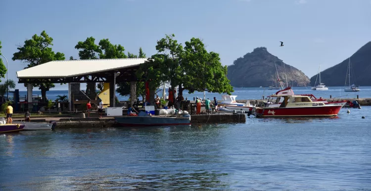 Dive boat in the fishermen’s harbour at Taiohae on Nuku Hiva