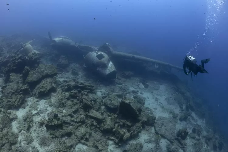 Diver approaches Dakota C47 plane wreck, Bodrum, Turkey