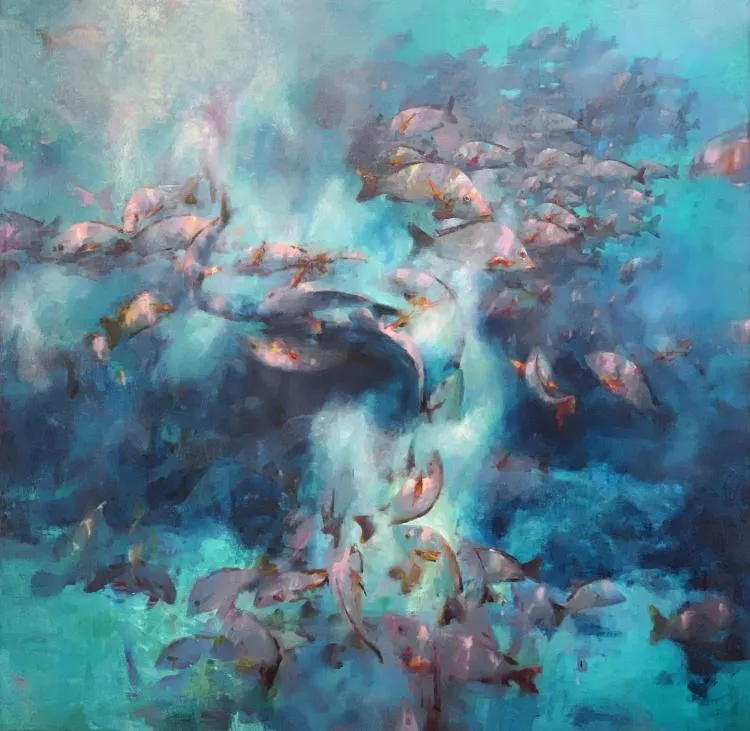 Eruption of Life, spawning red snappers in Rangiroa, 60 x 60in, oil on wood, by Nansi and David C. Gallup 
