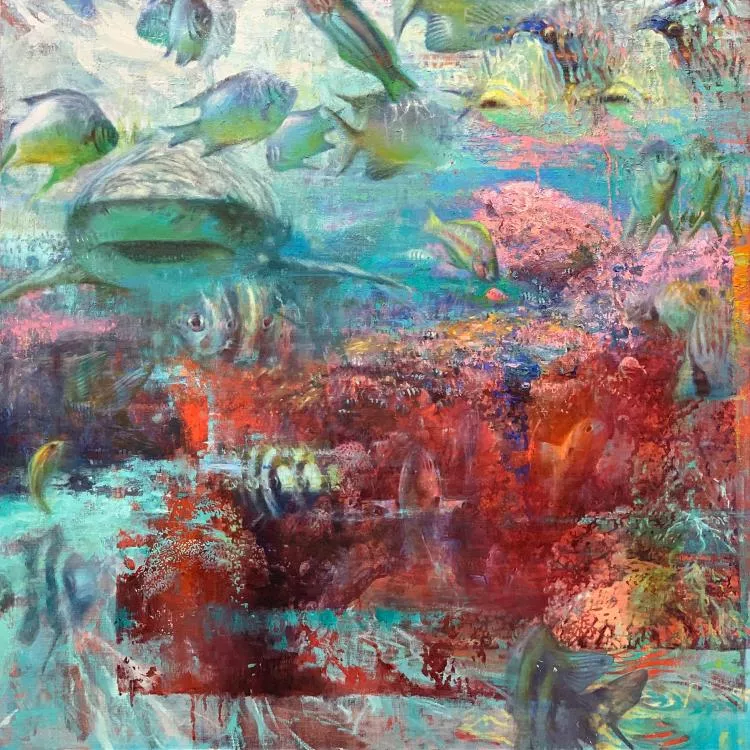The Pink Reef, 40 x 40in, oil on mounted linen, by David C. Gallup 