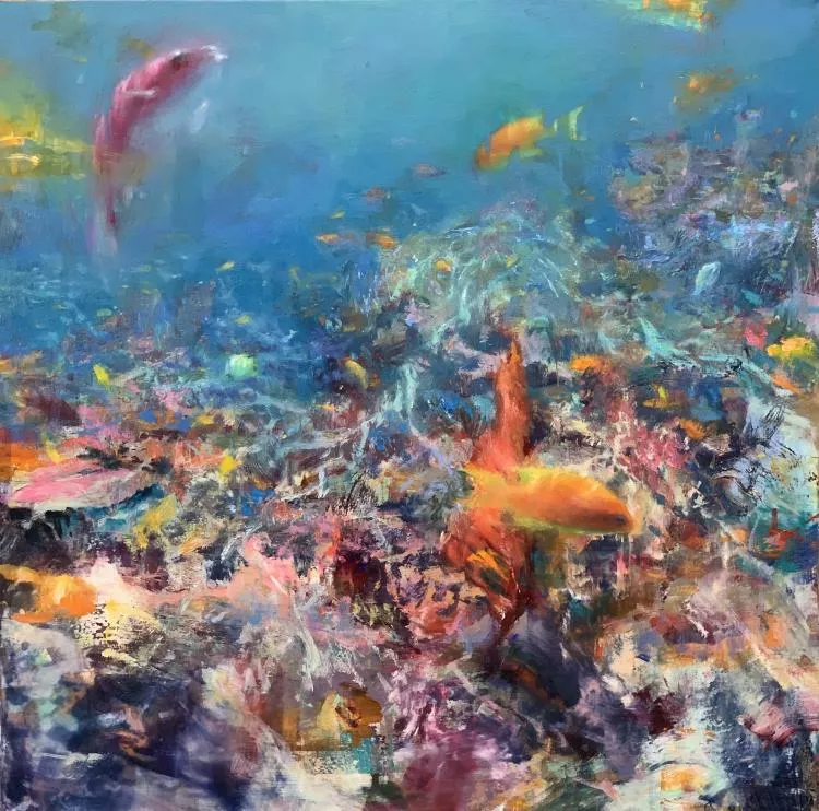 Rainbow Reef Snorkel, Fiji, 24 x 24in, oil on panel, by David C. Gallup 