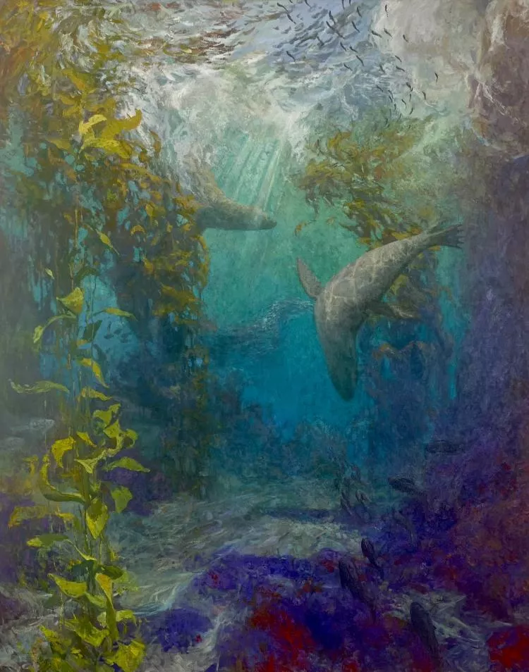 Rhythm of Life, sea lions at Anacapa’s kelp forest, 60 x 48in, by David C. Gallup