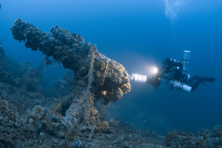 Diver on the wreck of SS Polynesien, Malta. Photo by Steve Jones