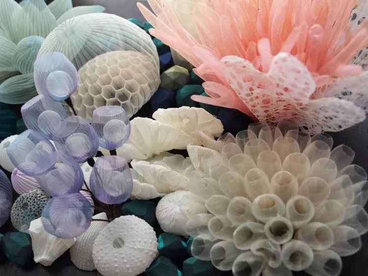 Detail of Sea Garden 1,  by Mariko Kusumoto. Polyester and wood,  13.5 x 24in