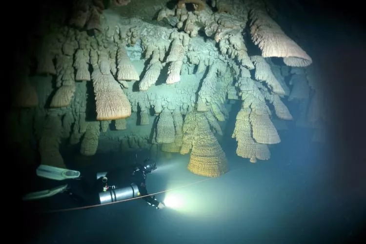 Dive guide Max with the mushroom stalactites in Cenote El Zapote