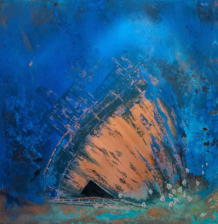 Ghost Ship, by Paul Fearn. Copper sheet with patinas and acrylic, 100 x 100cm