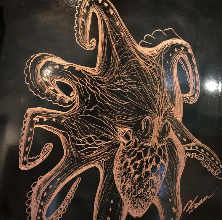 Octopus I, by  Paul Fearn. Etched copper with patinas,  20 x 20cm 