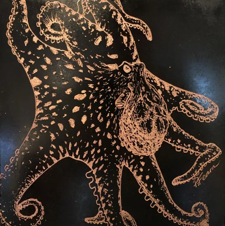 Octopus II, by  Paul Fearn. Etched copper with patinas, 20 x 20cm