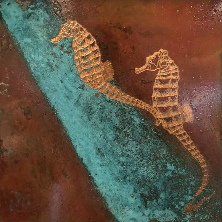 Seahorse Couple II, by Paul Fearn. Etched copper with patinas,  20 x 20cm