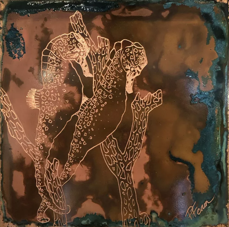 Seahorse Couple I, by Paul Fearn. Etched copper with patinas, 20cm x 20cm