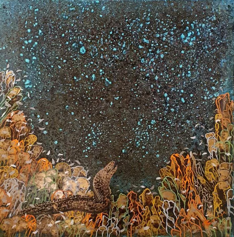 The Midnight Sky, by Paul Fearn. Copper sheet with patinas,  60 x 60cmThe Midnight Sky, by Paul Fearn. Copper sheet with patinas,  60 x 60cmv
