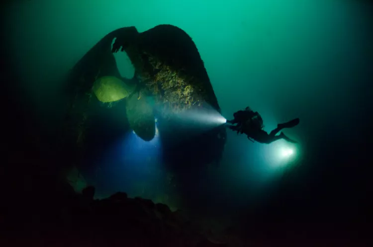 Diver at propeller of Oldenburg wreck
